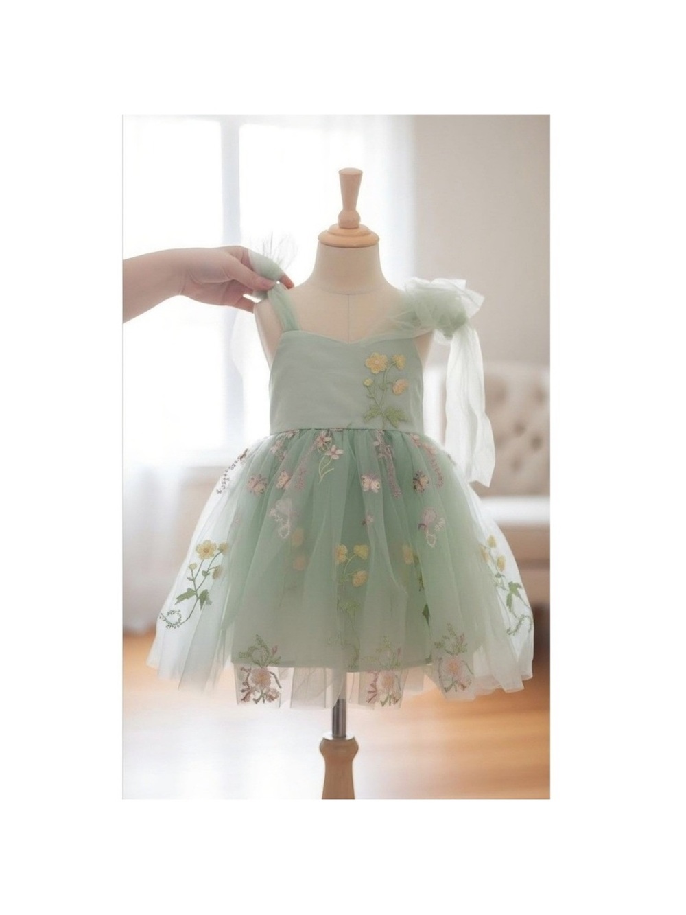 Arabella and Rose Girls Sage Green Tulle Floral Butterfly Embroidered Dress 2
